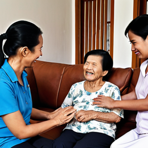 Home 15 **A Malaysian family gathered in their living room, looking relieved and supported, with a friendly caregiver assisting an elderly relative with muscular disease. The scene emphasizes the comfort and familiarity of home care in Malaysia.**