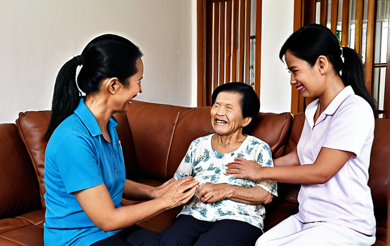 **A Malaysian family gathered in their living room, looking relieved and supported, with a friendly caregiver assisting an elderly relative with muscular disease. The scene emphasizes the comfort and familiarity of home care in Malaysia.**