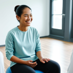 A Malaysian adult female patient, fully clothed in modest, comfortable athletic wear, participating in a group therapy session in a modern, brightly lit rehabilitation center. She is sitting or gently moving, smiling subtly and engaging with other adult individuals, conveying a sense of hope and resilience. The background features a clean, professional therapy space with natural light. The scene emphasizes emotional support and community, with an overall positive and uplifting atmosphere. Appropriate attire, safe for work, family-friendly, perfect anatomy, correct proportions, natural pose, well-formed hands, proper finger count, natural body proportions, professional photography, high quality.