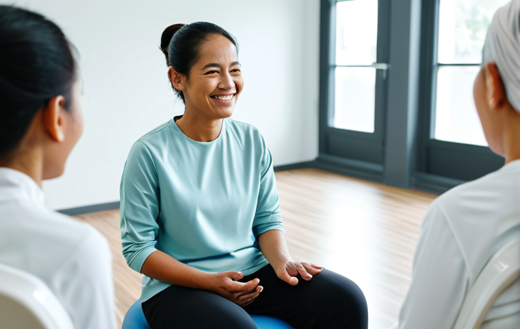 A Malaysian adult female patient, fully clothed in modest, comfortable athletic wear, participating in a group therapy session in a modern, brightly lit rehabilitation center. She is sitting or gently moving, smiling subtly and engaging with other adult individuals, conveying a sense of hope and resilience. The background features a clean, professional therapy space with natural light. The scene emphasizes emotional support and community, with an overall positive and uplifting atmosphere. Appropriate attire, safe for work, family-friendly, perfect anatomy, correct proportions, natural pose, well-formed hands, proper finger count, natural body proportions, professional photography, high quality.